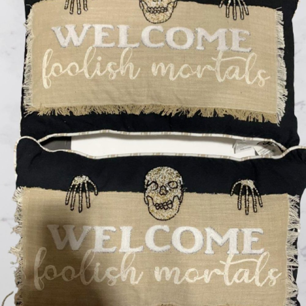 Coterie Studio Set of 2 "Welcome Foolish Mortal" Beaded Halloween Throw Pillow